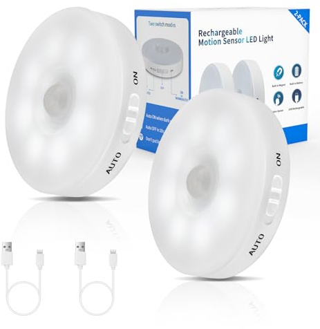 SPLUED Improved LED Rechargeable Motion Sensor Light Indoor, Long-Lasting Battery, Closet Lights Motion Sensored, Motion Sensor Night Light, Puck Lights for Closet, Cabinet, Kitchen - Cool 2Pack