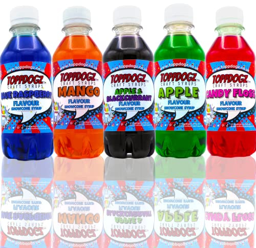 ToppDogz Slush Syrup|Snow Cone Syrup|Slushy| 5x Pack Blue Raspberry, Mango, Candy Floss, Apple and Apple & Blackcurrant slushie