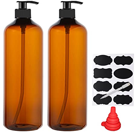 YBCPACK 2 Pack 1000ml Plastic Soap Dispenser Bottle with Pump, Refillable Amber Shampoo Dispenser bottle with Pump, 32oz Empty Pump Bottles for Shower gel, Body Wash, Shampoo, Massage Lotion