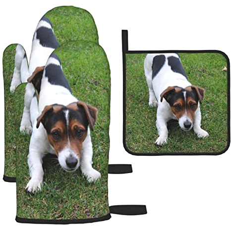 Jack Russell Dog Printed Kitchen Baking Three-Piece Heat-Resistant Thick Cotton Oven Gloves for Cooking and Baking.