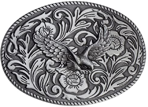 Longcreek Adler Gürtelschnalle für Herren, Gürtelschnalle Adler Blume Flora, Vintage Falke Gürtelschnalle, Ovaler Gürtelschnalle, filigrane Adler Gürtelschnalle, silber / schwarz, NO