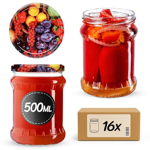 KADAX 16er Set Einmachgläser 500ml TO82 Obst, Sturzgläser Mason Jar mit Schraubdeckel, Luftdichte Twist-off Gläser, Meal Prep, Overnight Oats, Sauerteig