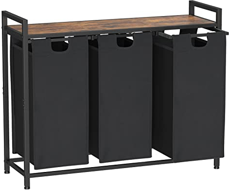 AMHANCIBLE Wäschekorb 3 Fächer, Wäschesammler mit Ablage, Wäschebox, Wäschesack aus Oxford-Gewebe ausziehbar abnehmbar, 38 L x 3, Stahlrahmen und obere Ablage, 92 x 30 x72cm, Rustic Braun EHLS03BR