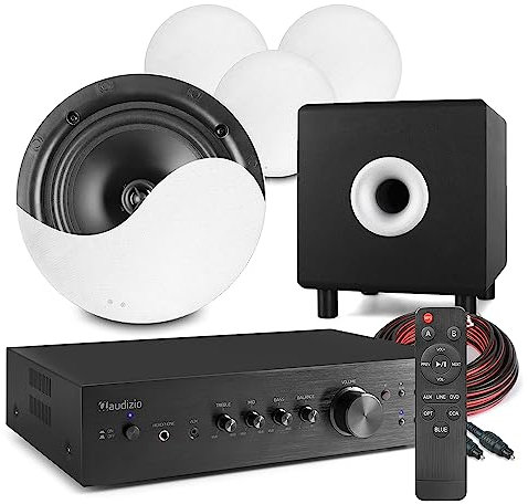 Power Dynamics Audizio 2.1 Bluetooth Ceiling Speaker Package - 4x NCSS8 8 In-Ceiling Speakers, 10 Active Black Subwoofer & AD220B Amplifier for TV Audio & Home Cinema Systems
