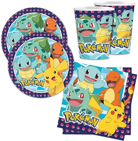 Kit Compleanno dei Pokemon fino a 8 persone, Set Stoviglie Pikachu Addobbi Decorazioni da Tavola per Festa Party Carnevale Halloween a Tema Bambini, 8 Piatti, 16 Tovaglioli, 8 Bicchieri