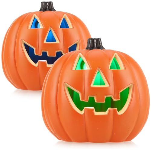 com-four® 2X Kürbis mit LED-Beleuchtung - Halloweenkürbis als Hauseingangs- und Fensterdekoration - großer Kunststoff-Kürbis mit Grusel-Fratze - Horror-Pumpkin mit Farbwechsel (2X Orange - 30cm)