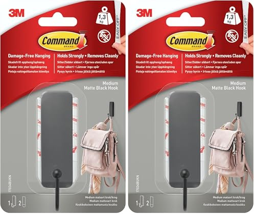 Command 17034MB-EF Medium Matte Black Plastic Metal Hook-17034MB, One Size (Pack of 2)