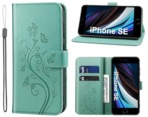 KRAFTCARE Handyhülle für iPhone SE 2020/2022 Hülle, für iPhone 8/7 Hülle mit Kartenfach Geld Slot Ständer Magnetic Closure, Flip Case Leder Schutzhülle Tasche Handyhülle für iPhone 8/7/SE Hülle,Grün