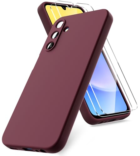 Vansdon Funda Compatible con Samsung Galaxy A15 4G/5G, 2 Unidades Protector Pantalla Cristal Templado, Silicona Líquida Gel Ultra Suave Funda- Burdeos