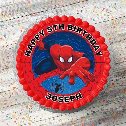 Spiderman Theme Edible Icing Cake Topper Personalised 7.5 Inch Round Happy Birthday Decoration