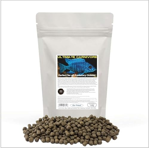 Pet Friend Ultimate Carnivore Cichlid Food 6mm Pellets 100g High Growth 49% Protein With Prebiotics That Feed Probiotic Gut Bacteria For Healthier Fish & Cleaner Clearer Water