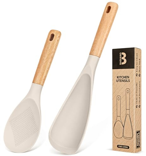 Cooking Spoon and Rice Scooper for Nonstick Cookwares, Great for Cooking and Serving Sturdy BPA-Free Matte Silicone, Wood Handle Spoon for Mixing, Scoop, and Scrape (Khaki)