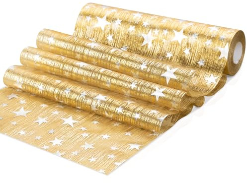 Tischläufer Gold Weihnachten, Anstore 23cmx30m Tischband Glänzend mit mit Silber Sterne Design, Wiederverwendbaren Dekostoff Tischläufer Rolle Tischdeko für Hochzeiten, Geburtstag, Kommunionen, Taufen