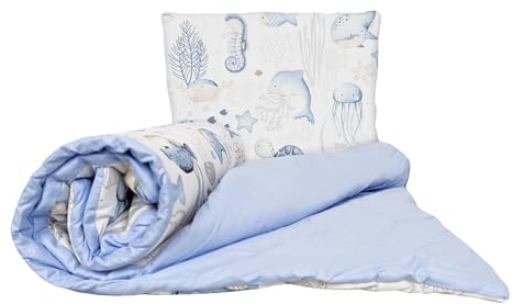 Baby Comfort Set trapunta, piumino e cuscino per bambini, 2 pezzi, 120 x 90 cm, adatto per lettino per bambini (Oceano)