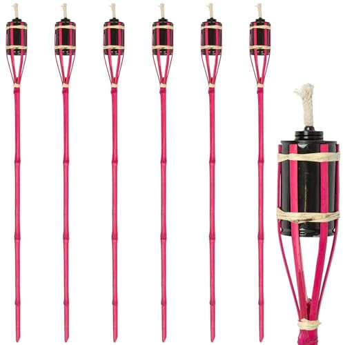 Harbour Housewares Bamboo Fire Torches - 113cm - Pink - 6X Garden Lighting Traditional Tiki Torches Outdoor Paraffin Oil Lamp Candle Flame Lantern with Removable Screw Top