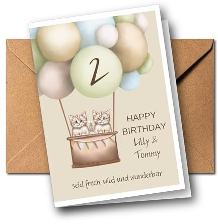 Personalisierte Zwillinge Geburtstagskarte zum 1. 2. 3. 4. 5. 6. 7. 8. usw. Geburtstag, Grußkarte, Glückwunschkarte individuell, viele Motive, mit Namen (Katze)