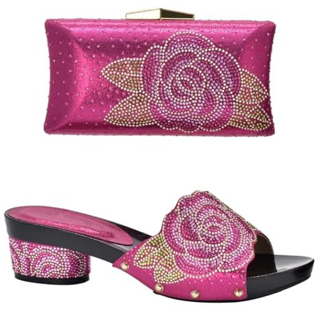 Vsadsau Conjunto de zapatos de tacón bajo con diamantes de imitación para mujer, zapatos de tacón bajo y bolsa, para boda, fiesta, estilo africano, para boda, fiesta, y conjuntos, Fucsia Shoes and Ba,