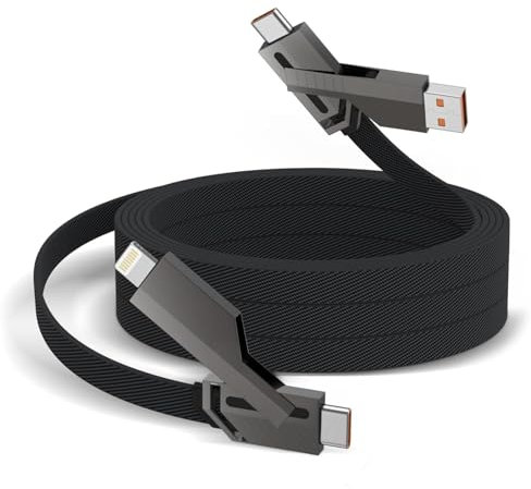 USB C Cable, 4-in-1 USB-C Cable Lightning Cable(4ft), 100W Fast Charging Flat Braided USB C Charger Cord with Lightning/Type C/USB A Multi Port for iPhone 15 14 13 Pro Max, iPad, MacBook, Galaxy/Pixel