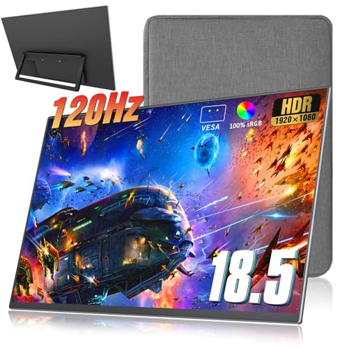 Motyeowe Monitor portátil + funda, 18.5 pulgadas, 120 Hz, 1080p, 100 % sRGB FHD HDR USB HDMI con VESA ultradelgado, monitor de oficina portátil para computadora, interruptor, teléfono, dispositivos de