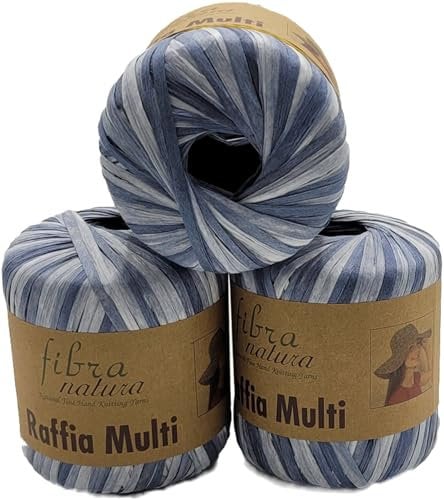 105 Gramm Fibra Natura Raffia Multi Bast-Garn bunt, 100% Viskose/Zellulose, Makramee Kordel Naturgarn mehrfarbig (blau grau 117-26)