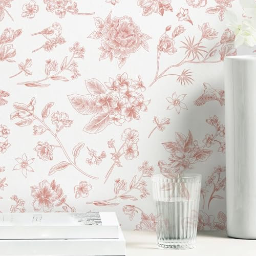 Safiyya Papier peint à motif floral rose et blanc, papier peint autocollant amovible pour chambre à coucher, salle de bain, fleurs, oiseaux, papier contact pour armoires, murs, rouleaux de vinyle de