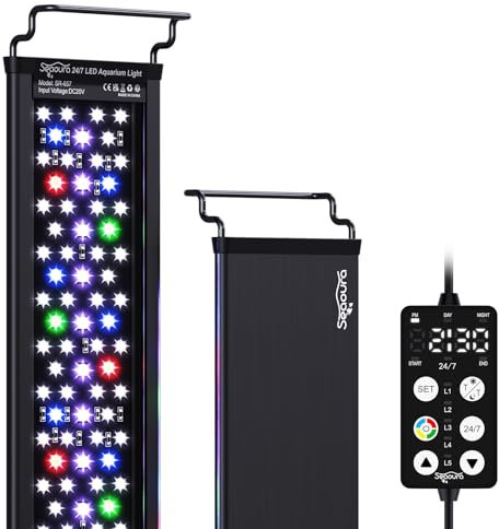 Aquarium Fish Tank Light, 24/7 Custom Timer, Power-off Memory, 7-Row LED 48-54in SEAOURA Full Spectrum Aquarium Plant Light, 8 Colors, 20 Brightness, Day & Night Cycle, Adjustable Mount for Freshwater