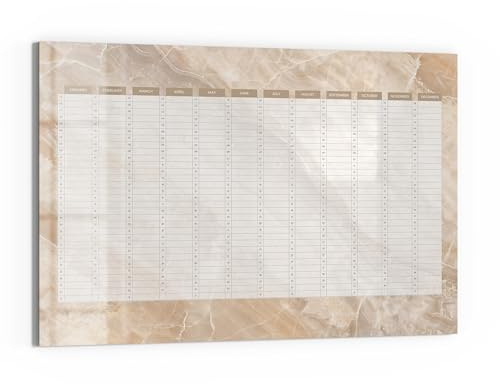DEQORI Glas-Magnettafel | 90x60 cm cm groß | Motiv Jahresplaner Beige (EN) | Memo-Board aus Glas | Magnetboard inkl. Magnete, Stift & Tuch für Küche & Büro | Tafel magnetisch & beschreibbar