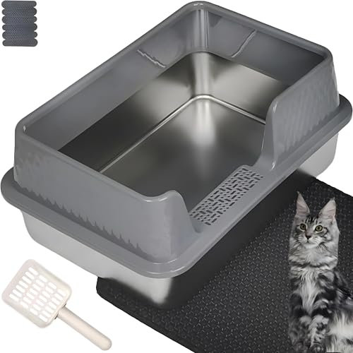 Pawsayes Stainless Steel Cat Litter Box with Lid for All Cats Extra Large Cat Litter Trays with 10cm Anti-Splash High Wall Sided Enclosure Cats Litter Tray (50x35x20 cm) (Grey)