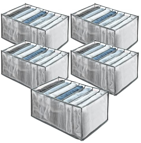 ZOFUN 5 Pcs Wardrobe Storage Organisers, 36 x 25 x 20 cm Clothes Drawer Organisers with 7 Grids, Meshed Grey Clothes Organiser for Wardrobe, Jeans, Trousers, Sweaters, T-Shirt, Jumpers, Underwear