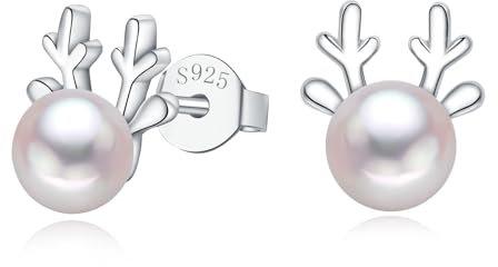 Estrellique 925 Sterling Silber Elch Ohrstecker, 7mm Klein Schlafen Knorpel Mit Weiß Perle, Silber Weihnachten Ohrringe Damen, Süße Weihnachts Schmuck Zum Fest