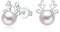 Estrellique 925 Sterling Silber Elch Ohrstecker, 7mm Klein Schlafen Knorpel Mit Weiß Perle, Silber Weihnachten Ohrringe Damen, Süße Weihnachts Schmuck Zum Fest