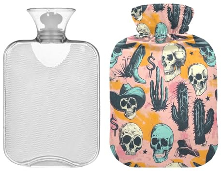 Cowboy Elements Skulls Cactus Hot Water Bottle Bag with Cover 1L Reusable Hot Water Bag Warm Water Bag for Neck, Shoulders and Legs Pain Relief, Menstrual Cramps