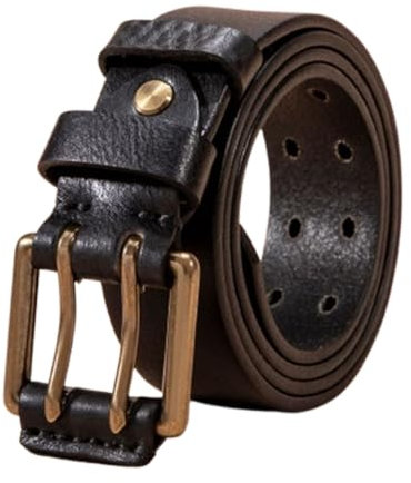 AGUTALITHIC Handgemachter Herren Damen Antik Beiläufige Ledergürtel Heavy Duty Prägung Gürtel Aus Rindleder Mit Doppeldorn Gold Schnalle, Doppel-Loch ösen Jeansgürtel(110cm/43, Black)