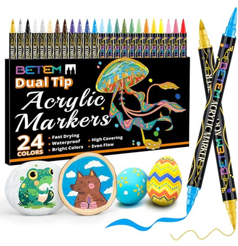 Betem Acrylic Paint Markers, Dual Tip 24 Colors Acrylic Paint Pens with Brush Tip and Fine Point, Art Supplies for Rock, Wood, Canvas, Stone, Glass, Ceramic, Rock Painting DIY Crafts Making Drawing