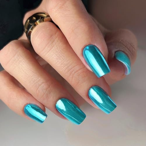 Chrome False Nails Medium, SXVME Metallic Teal Blue Press On Nails Short Medium Square, Glitter Shine Fake Nails Glue on Nails Cute, Mirror Acrylic Stick on Nails for Women Daily & Party Wear
