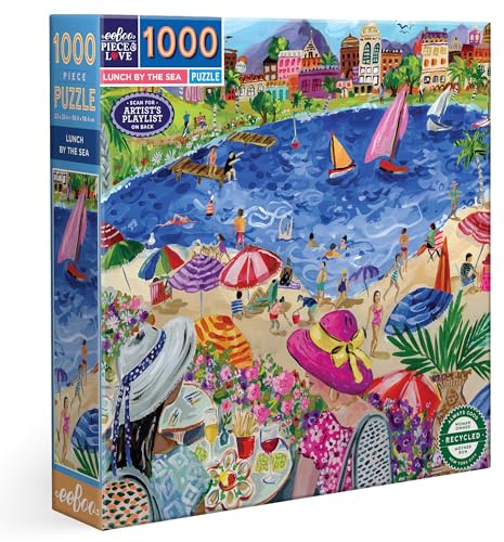 eeBoo Piece & Love: Lunch by The Sea - 1000 Piece Puzzle - Adult Square Jigsaw, 23x23, Includes Image Reference Insert, Glossy Pieces