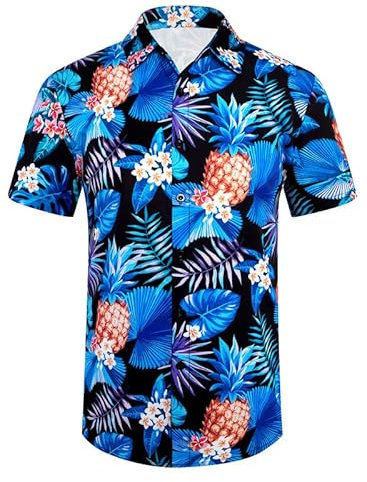 XiaoMoSha Mens Hawaiian Shirts Short Sleeve Wrinkle Free Button Down Summer Casual Shirt for Men Tropical Holiday Beach Funky Party Tops, HawaiianPineapple, Medium