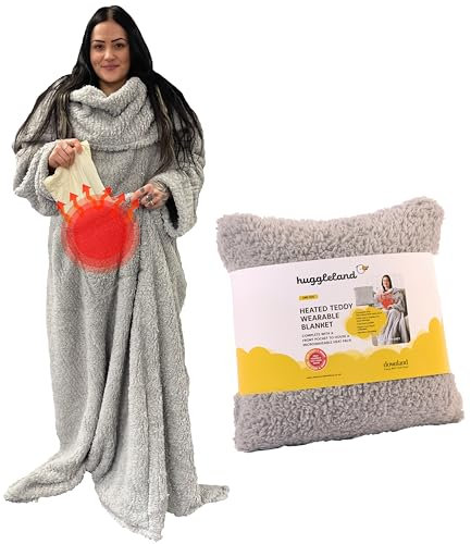 Huggleland Teddy Fleece Wearable Blanket with Heated Front Pocket – Oversized Cozy Blanket with sleeves, Heated Throw, Warm Fluffy Fleece, Gifts for Women, Gifts for her, Sofa Throw