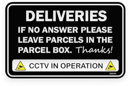 Sticker Gold - 12cm x 7.5cm DELIVERIES PARCEL BOX NOTICE Self Adhesive Stickers - Sign, Front Door, Courier, Postman, Black/White SG036