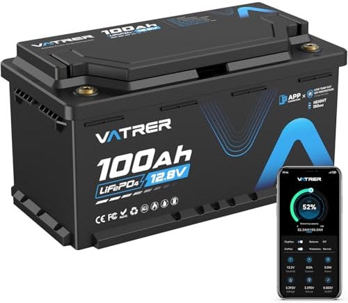 VATRER POWER 12V 100Ah H190 Bluetooth LiFePO4 Batterie mit 188mm Höhe 1280Wh 5000+ Zyklen Lithium Batterie mit 100A Smart BMS Niedrigtemperaturschutz Ideal für Wohnmobile & Off-Grid-Anwendungen
