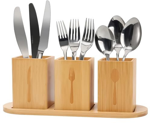 BigKing Portacubiertos de mesa, escurrecubiertos con base de bambú, 3 compartimentos extraíbles, porta cubiertos de cocina para guardar cuchillo, tenedor y cuchara (madera)
