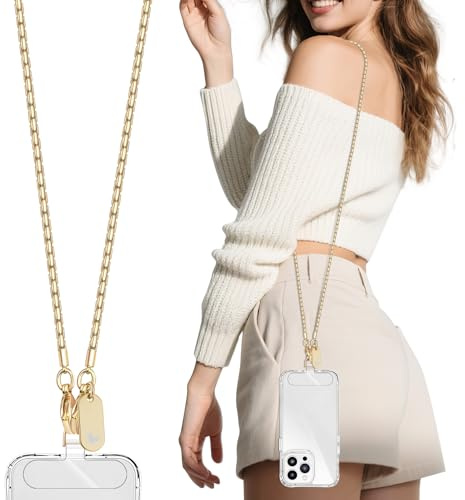 ROCONTRIP Metal Phone Chain Strap Crossbody Mobile Phone Lanyard with 2 TPU Tether Tabs, iPhone Chain Crossbody for Women Girls Neck Strap for iPhone(Bright Gold)