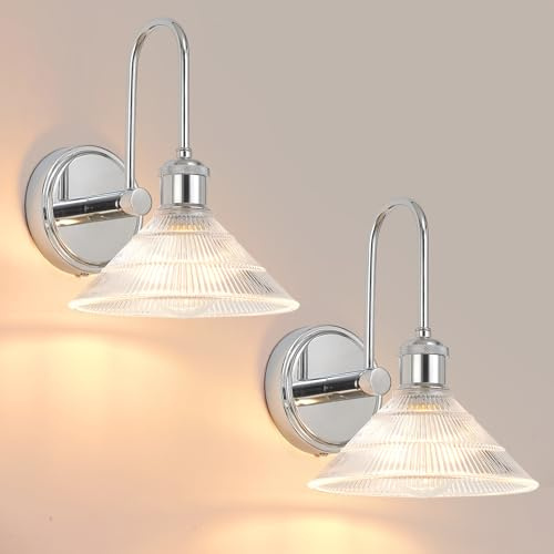 Vikdio Lámpara de Pared Set de 2, Luminaria Vintage Cromada con Pantalla Redonda de Cristal Transparente, Lámparas de Piel para Empotrar para Dormitorio, Baño, Salón | Incluye 2 Bombillas LED
