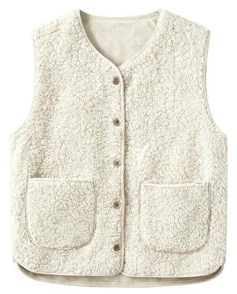 HUVZOR Gilet in pile da donna, per autunno e inverno, caldo, senza maniche, tinta unita, scollo a V, bottoni, gilet in pile, gilet corto in peluche, gilet termico