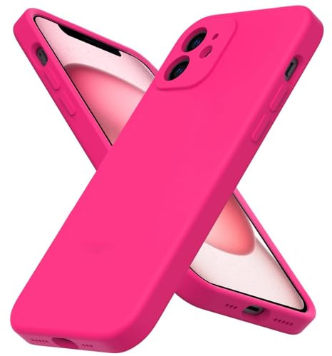 ROUMAYMAY Coque pour iPhone 12, Silicone Liquide Protection Amélioré [L'appareil Photo], avec Doublure en Microfibre Lisse Douce Anti-Rayures, Coque pour iPhone 12, Rose Fluo