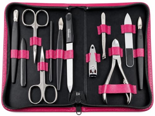 Maniküre Set 12-teilig mit Solingen Instrumenten, Echtleder-Etui Made in Germany, Nagelset für Damen und Herren, Hand- und Fußpflege Magenta