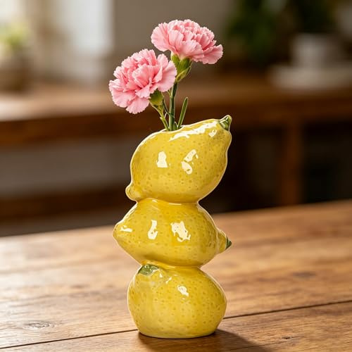 MerwDeeyt Vaso per fiori a forma di limone, 10,8 x 20,1 cm, creativo, a forma di frutta, vaso in ceramica, piccoli vasi decorativi per fiori secchi, soggiorno, ufficio, mensola styling