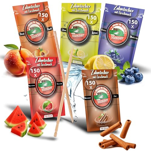 Stoxser 750x Zahnstocher mit Geschmack 5er Pack Zimt und Wassermelone und Pfirsich und Blaubeere und Zitrone/Lemon Geschmacksrevolution Zahnstocher Geschmack Kein Kaugummi Zuckerfrei