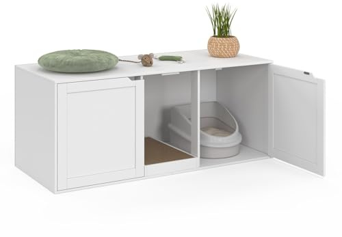 IDMarket - Doppel-Katzentoilette für 2 Katzen mit Streuabdeckung, 2 Türen und einem Kratzbaum aus weißem Holz