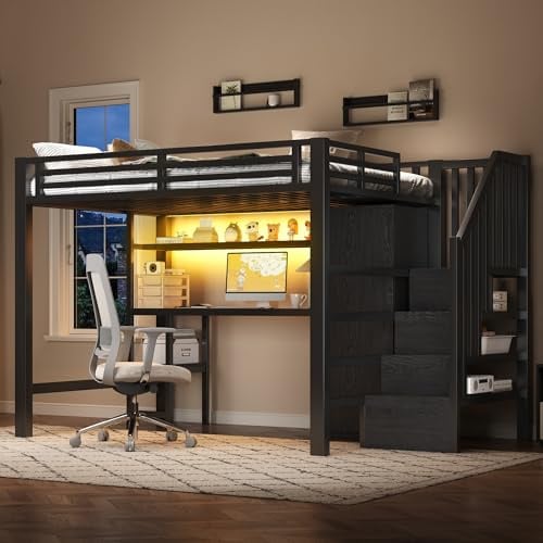 @Moflan Lin Letto a soppalco in metallo, 140 x 200 cm, con scrivania, scaffale, armadio e scala portaoggetti, colore: nero